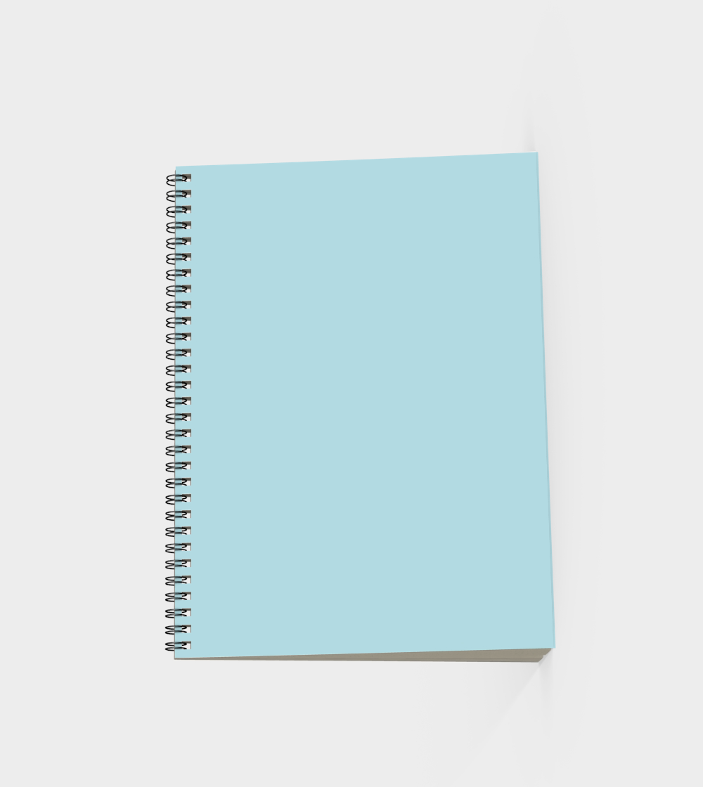 Light blue notebook with a spiral binding on a white background