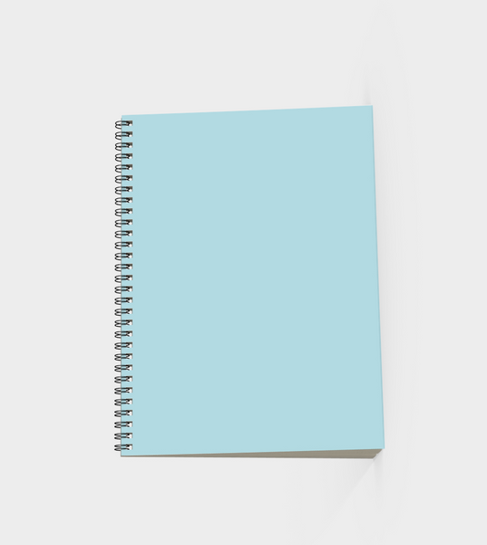 Light blue notebook with a spiral binding on a white background